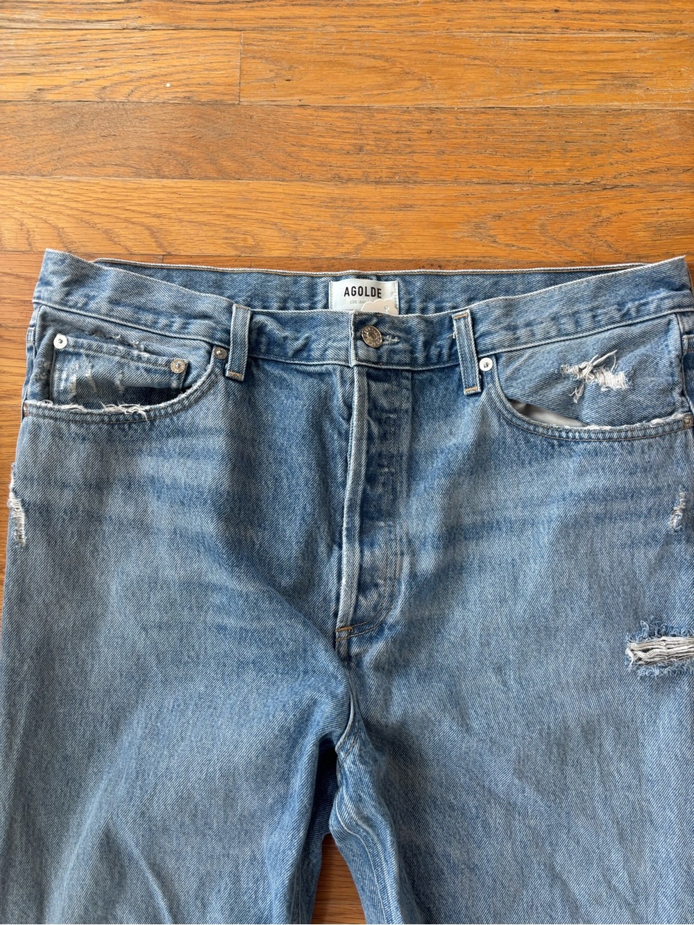 Agolde Distressed Light Wash Ripped Straight-Leg Jeans 90s Mid Rise - Picture 2 of 6